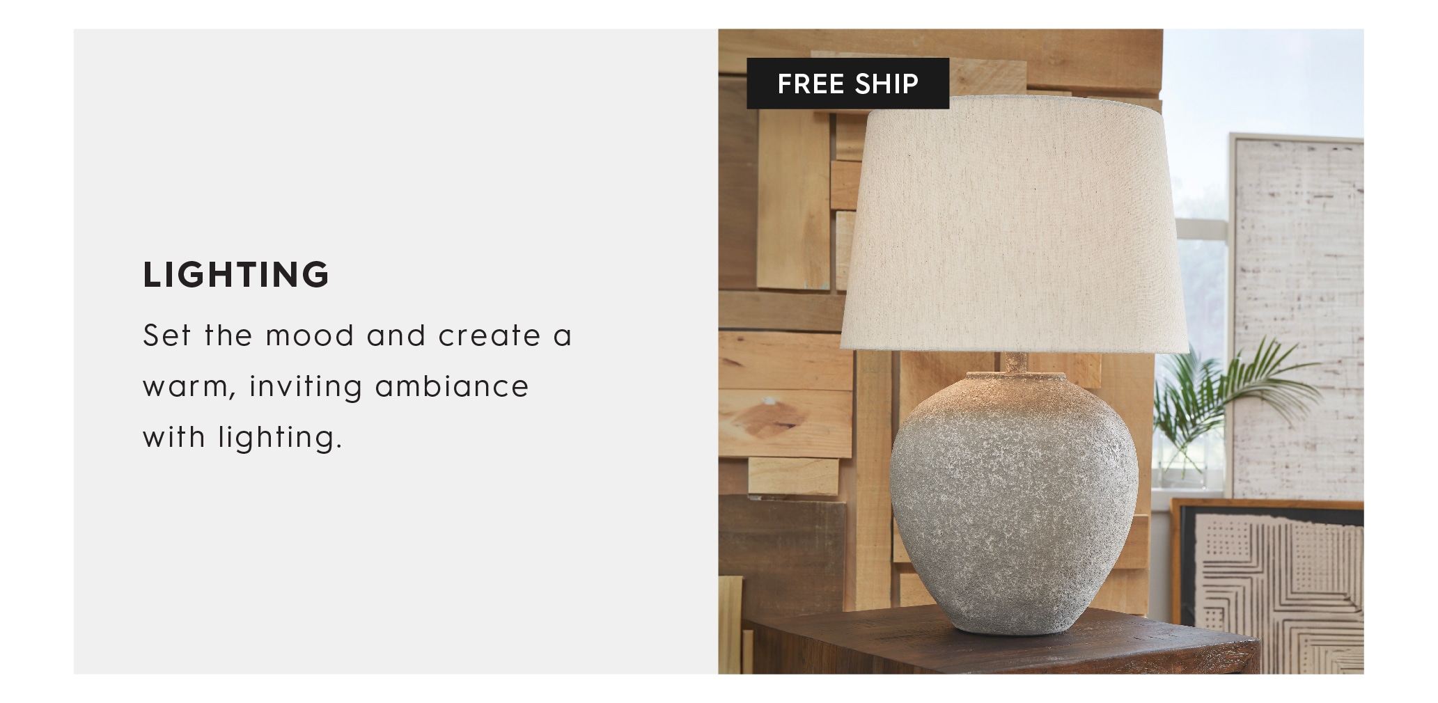 Graphic of large gray ceramic lamp. Shop lighting now.
